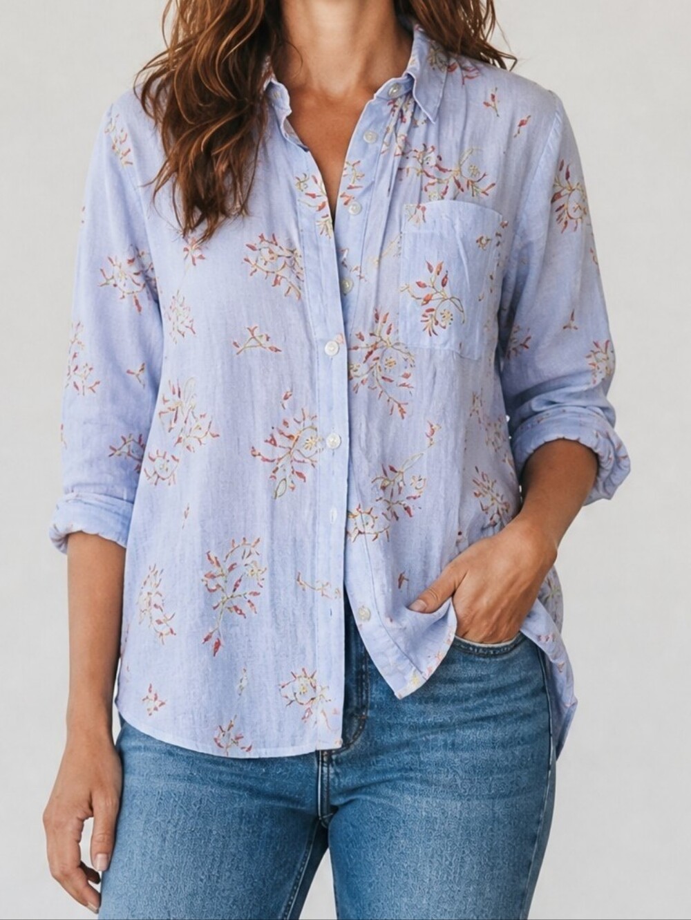 Blue Floral Embroidered Button-Down Shirt Dress